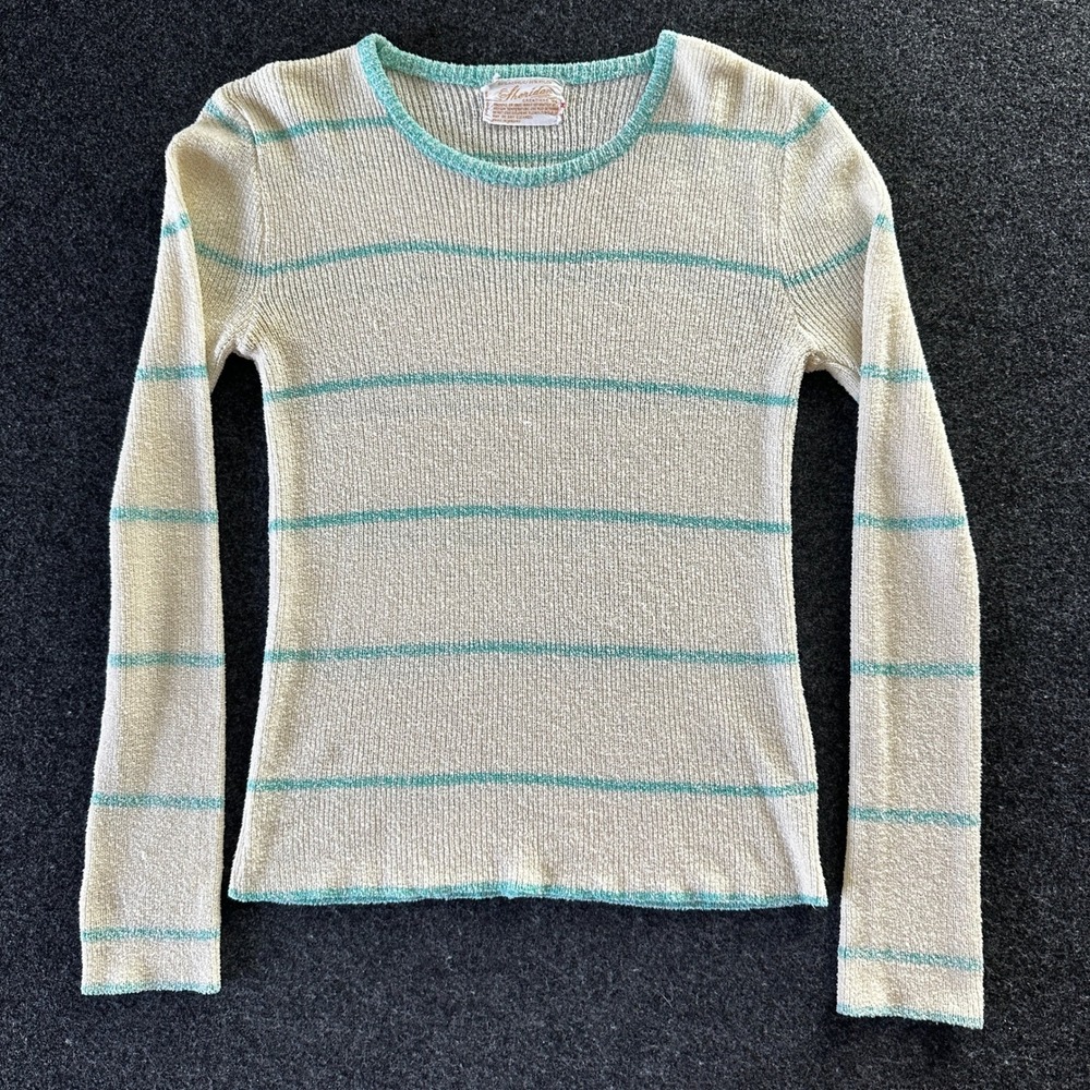 Vintage Sheridan Creations Striped Knit Sweater Cream Teal Long Sleeve Medium